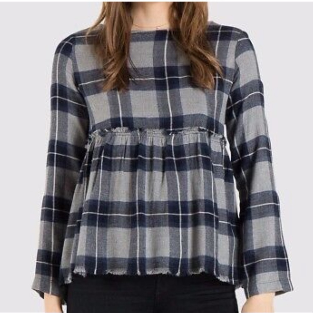 Cloth & Stone | Blue Plaid Ruffle Button Back Empire Waist Flannel Top